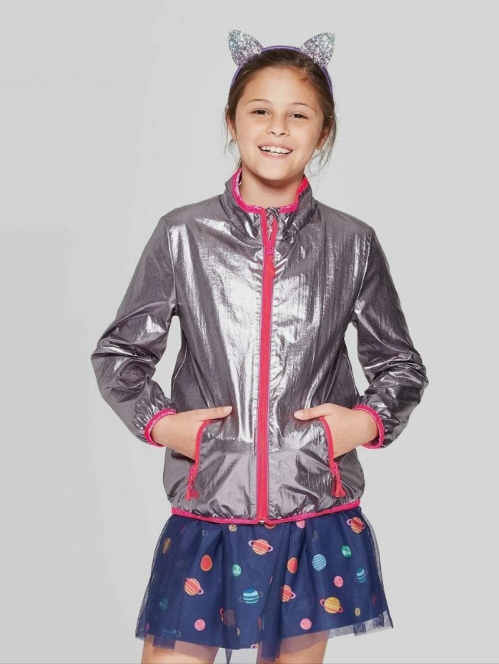 ✨NEW!✨Cat & Jack Metallic Silver Purple Rain Jacket w/ Hot Pink Trim - 10/12yrs